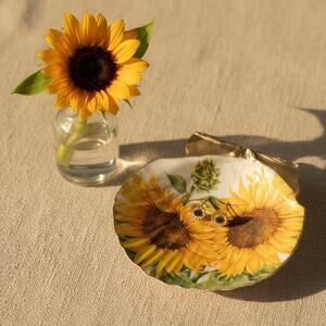 Sunflower Shell Ring Dish Handmade Scallop Trinket Dish Floral Cottagecore Gift